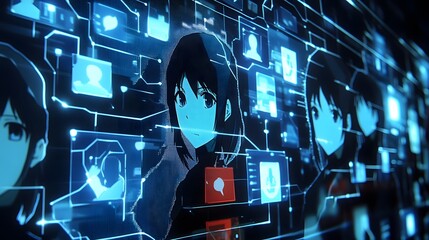 Anime Girl Within Digital Network Interface
