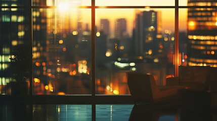 Fototapeta premium Urban Sunset: Cityscape View from a Modern Lounge