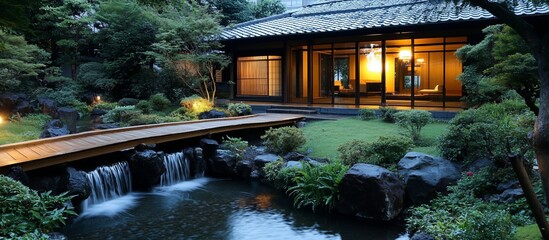 Obraz premium Serene Japanese Garden at Twilight: Tranquil Water Feature and Traditional Home