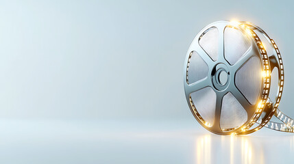 3D film reel icon with glowing details and sleek metallic finish, symbolizing cinema