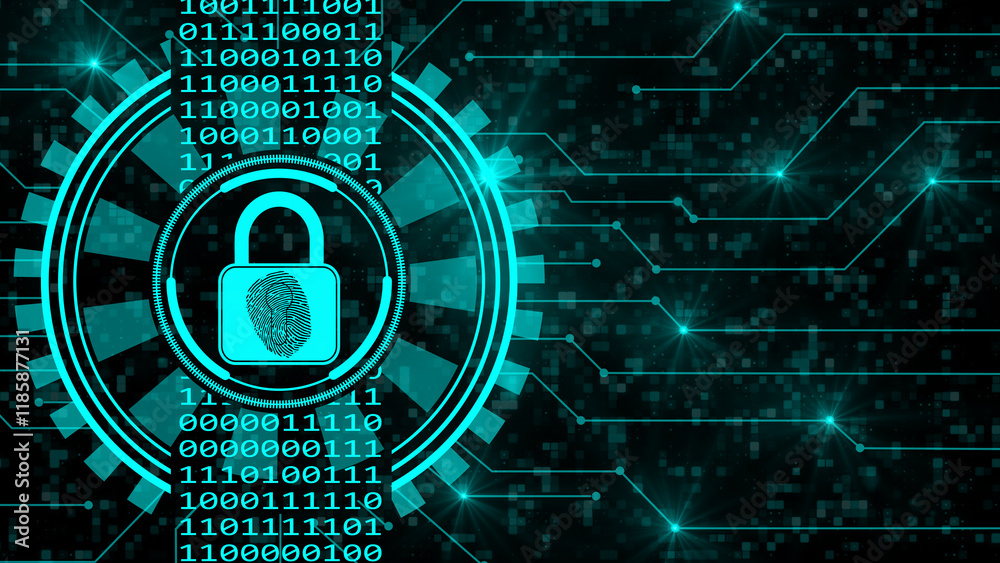 Poster technology secure concept - padlock with fingerprint - hud connecting lines - graphic elements in tu