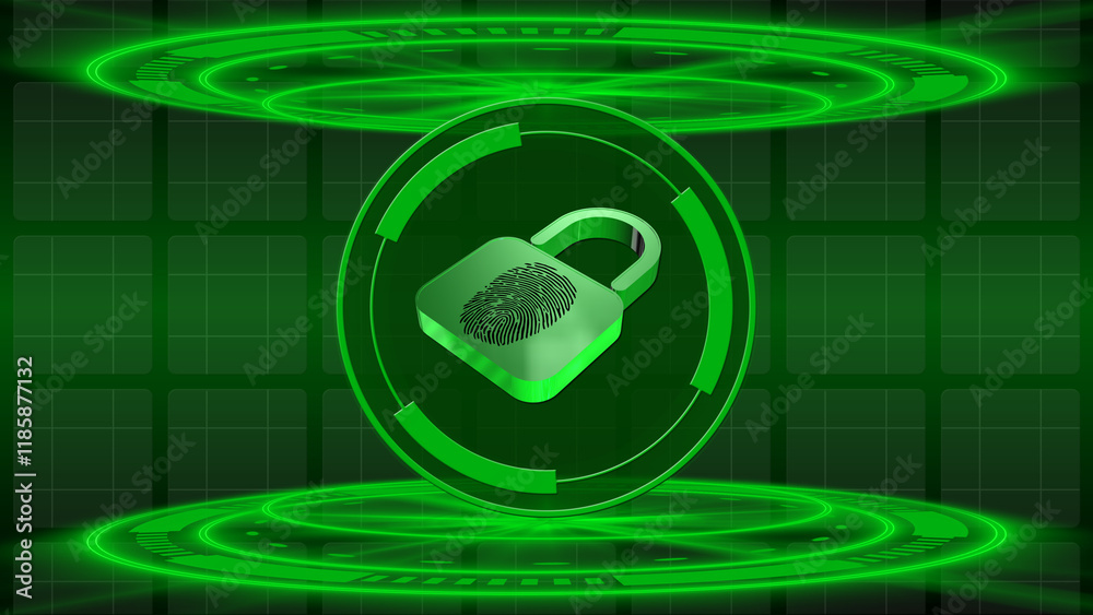 Poster technology security concept - padlock with fingerprint in circle frame between hud elements - 3d ill