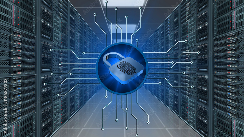 Poster Padlock with fingerprint between information connecting lines - data server room as background - internet or information technology concept - 3D Illustration