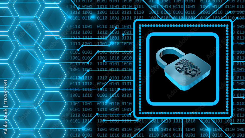 Poster Padlock with fingerprint on abstract background of 4-digit binary code behind information connecting lines and honeycomb elements - 3D Illustration