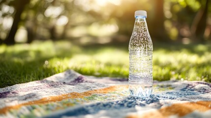 A refreshing Soda Bottle Mockup glistens under sunlit greenery, exuding a vibrant, summery vibe perfect for outdoor picnics.
