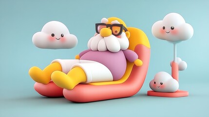 Happy elderly man relaxing on a colorful chair surrounded by cute clouds.