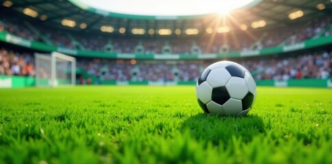 Soccer ball on lush green field with blurred stadium in the background, grass, stadium