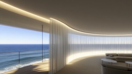 Fototapeta premium Modern coastal living room with curved curtains and ocean view.