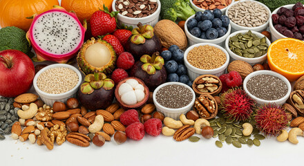 A visually appealing assortment of colorful and nutrient-dense foods, ideal for a vegan and balanced diet.