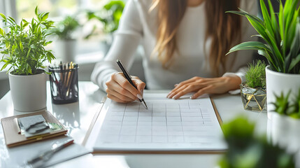 Person writing in a calendar with a pen, planning a productive week on a clean desk