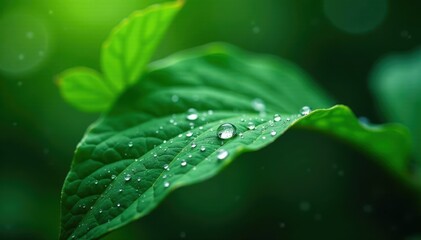Sparkling water droplets fall from a single raindrop onto a dense green leaf, leaf, raindrops