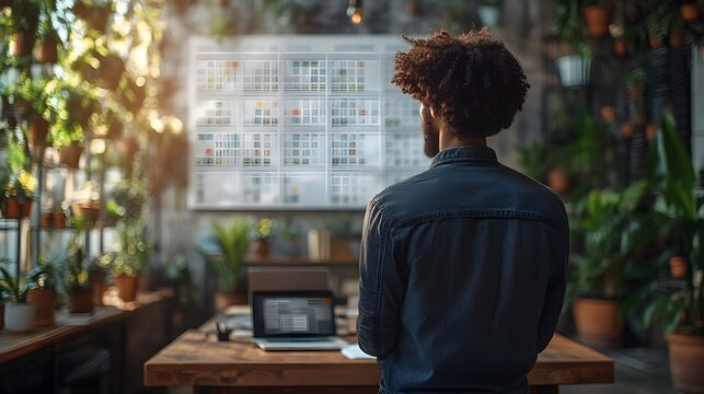 Focused individual checking deadlines on a large wall calendar in a bright room