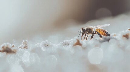 Obraz premium Close-up of a honeybee on a white surface.