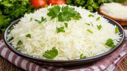 Fluffy white rice served in a dark bowl, garnished with fresh parsley.