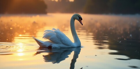 Fototapeta premium Swan gliding on tranquil lake surface at morning sunrise, natural scenery, lake