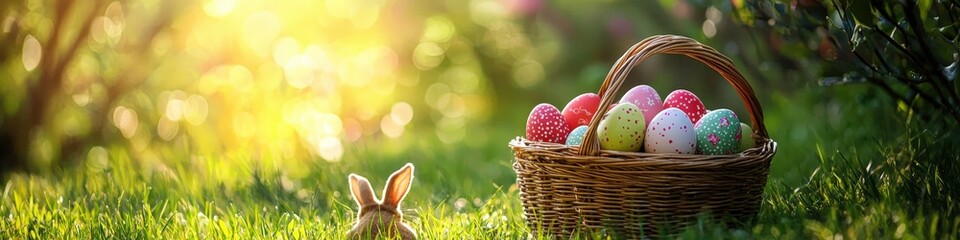 basket with eggs and Easter bunny. Selective focus