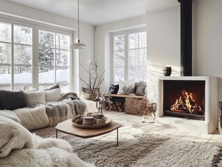 Cozy Living Room with Fireplace and Winter View