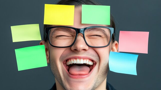 Happy man with sticky notes on his face, overwhelmed but joyful.