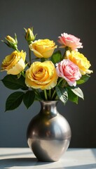 A delicate yellow rose and pink carnation mix in a sleek metal vase, modern decor, metal
