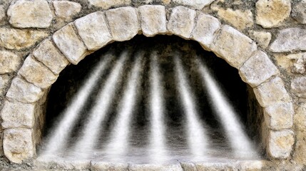 Stone archway with light beams illuminating interior.