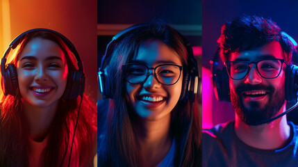 Gamers enjoying an online session together with headsets illuminated by colorful lights in a lively gaming atmosphere. Generative AI