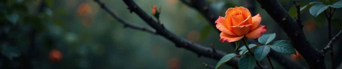 A solitary orange rose nestled among dark, twisted branches, branches, floral