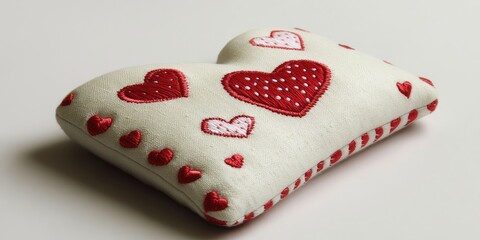 A heart-shaped decorative pillow with red and white hearts, perfect for romantic settings.