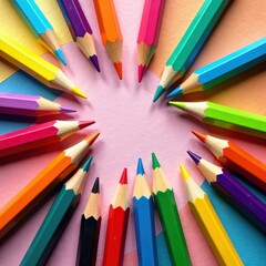 Vibrant multicolored pencils scattered on a colorful background, creating a playful chaotic atmosphere, chaos, colorful