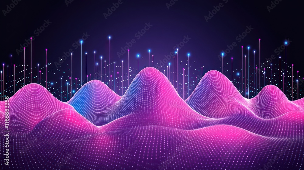 Wall mural abstract digital landscape with glowing data points and waves.