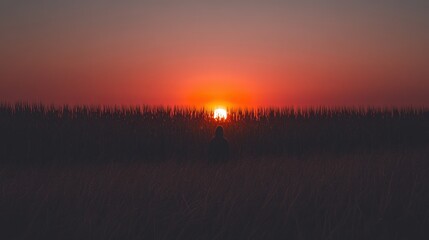Solitary figure silhouetted against a vibrant sunset over a field of tall grass.