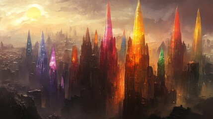 Obraz premium Crystal Cityscape: A Fantasy Metropolis at Sunset