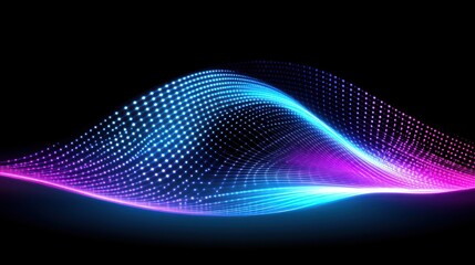 Abstract glowing neon wave, blue and purple particles on black background.