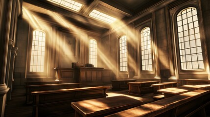 Empty courtroom captured with a wide-angle lens, dramatic lighting emphasizing the judge's bench, showcasing justice, authority, and legal concepts in a minimalist and focused composition