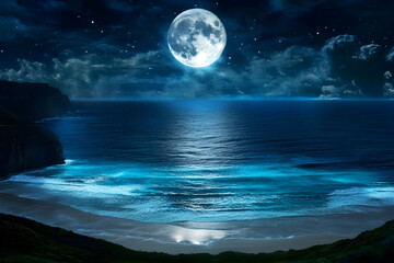 Fototapeta premium Moon Shines Over Ocean Waves, Cliffs, and Beach at Night
