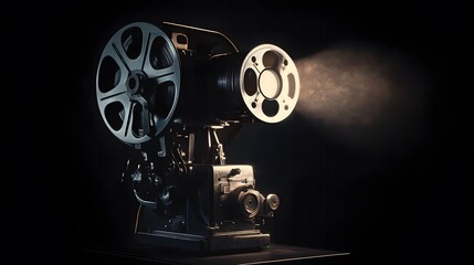 Obraz premium Vintage film projector casting light on a dark background, showcasing cinematic nostalgia, classic design, and the art of storytelling in a minimalistic setup with copy space