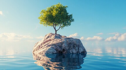 Solitary Tree on a Rock in a Calm Ocean