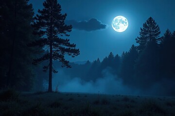 Fototapeta premium Dark forest illuminated by a full moon's silver glow, mist, night, trees