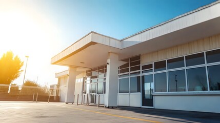 Modern hospital exterior featuring a security checkpoint, clean architectural design, soft natural lighting, and shallow depth of field, emphasizing safety and organization in a healthcare setting