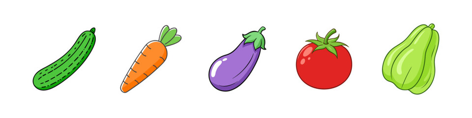 Illustration of Fresh Vegetables Variety  - A colorful illustration featuring cucumber, carrot, eggplant, tomato, and chayote, highlighting fresh and healthy vegetables for cooking and salads. 