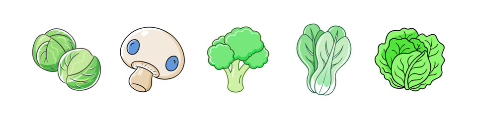 Illustration of Green Vegetables and Mushrooms  - A colorful illustration featuring fresh vegetables, including brussels sprouts, mushrooms, broccoli, bok choy, and lettuce, symbolizing healthy eating