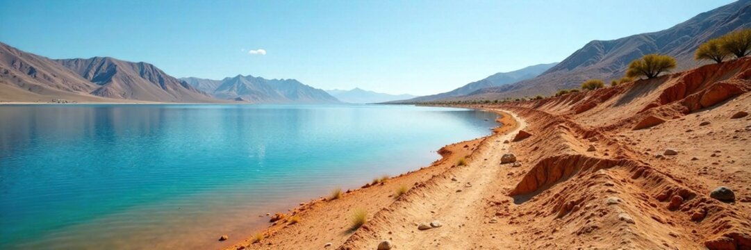 Dry lake shore with reduced vegetation and increased sedimentation, drought effects, soil salinization