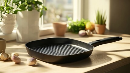 Black grill pan on wooden table
