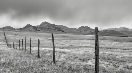 Desolate landscape with barbed wire fencing  a symbol of isolation and the passage of time