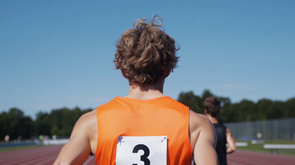 Naklejka premium male runner in orange tank top prepares to start race on outdoor track, showcasing determination and focus under clear blue sky