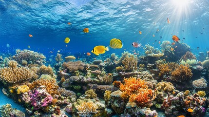 Obraz premium Vibrant coral reef teeming with colorful fish, sunlight shining through the water.