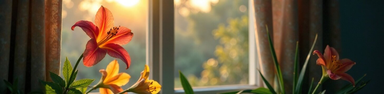 Flor de lirio que se filtra a trav?s de una ventana con visillos, arte, ventana