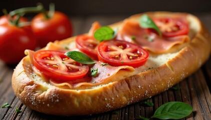 Freshly baked ciabatta with prosciutto and tomatoes, Italian cuisine, rustic