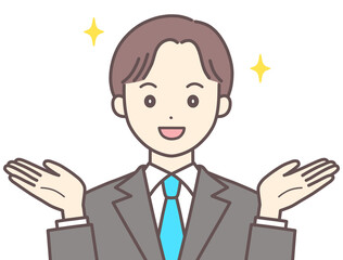 笑顔で両手を広げるスーツの男性（肌の色あり）