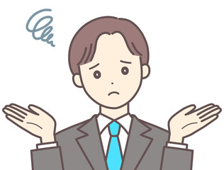 両手を広げて困った表情のスーツの男性（肌の色あり）