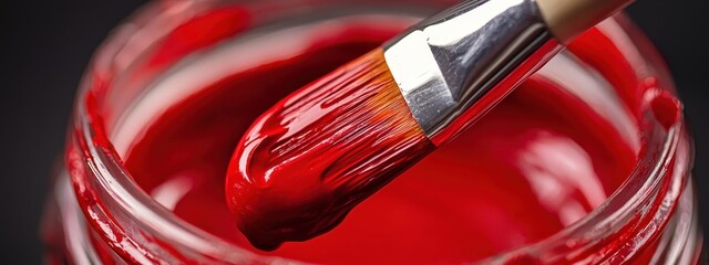 Close-up of a paintbrush in red paint. Selective focus